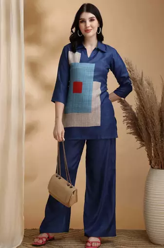 Blue linen geometric print ethnic kurta palazzo set