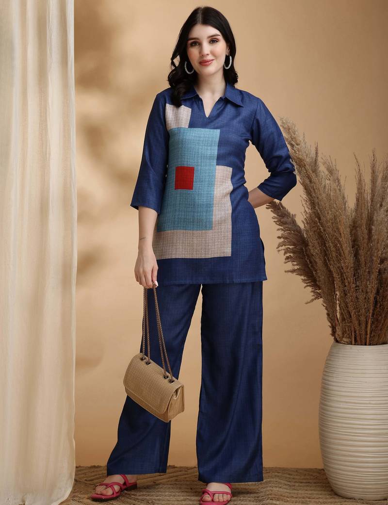 Blue linen geometric print ethnic kurta palazzo set