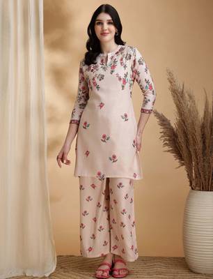 Beige linen floral print ethnic kurta palazzo set 1
