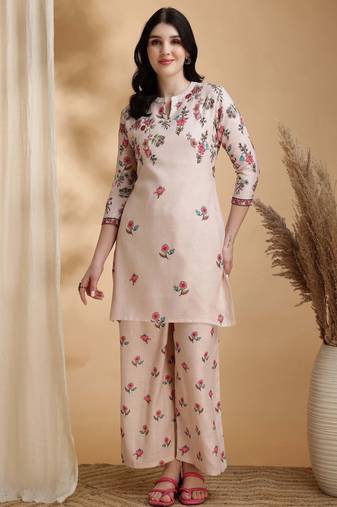 Beige linen floral print ethnic kurta palazzo set