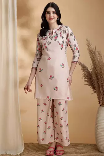 Beige linen floral print ethnic kurta palazzo set
