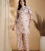 Beige linen floral print ethnic kurta palazzo set
