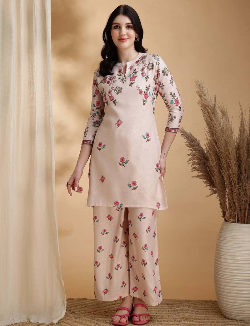 Beige linen floral print ethnic kurta palazzo set
