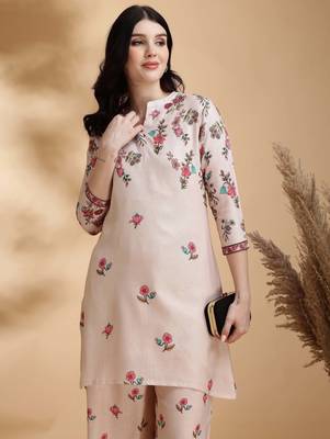Beige linen floral print ethnic kurta palazzo set 2