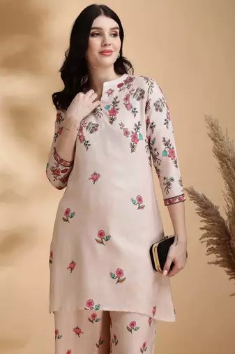 Beige linen floral print ethnic kurta palazzo set