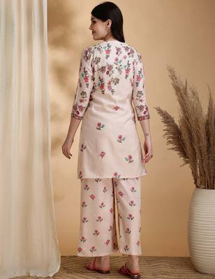 Beige linen floral print ethnic kurta palazzo set 3