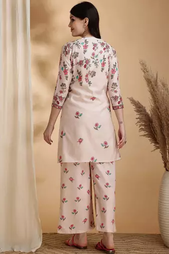 Beige linen floral print ethnic kurta palazzo set