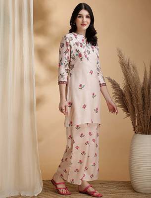 Beige linen floral print ethnic kurta palazzo set 4