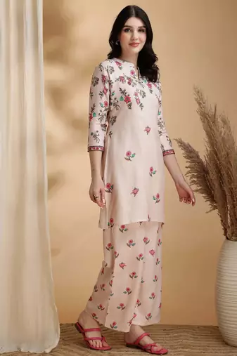 Beige linen floral print ethnic kurta palazzo set