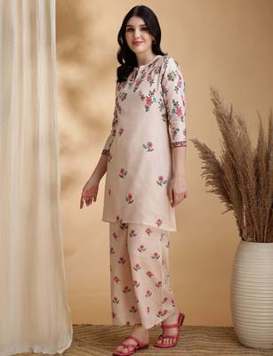 Beige linen floral print ethnic kurta palazzo set 5