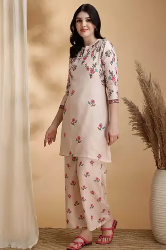 Beige linen floral print ethnic kurta palazzo set