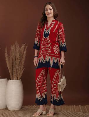 Red rayon geometric print ethnic kurta palazzo set 1