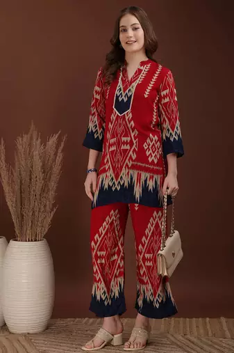 Red rayon geometric print ethnic kurta palazzo set