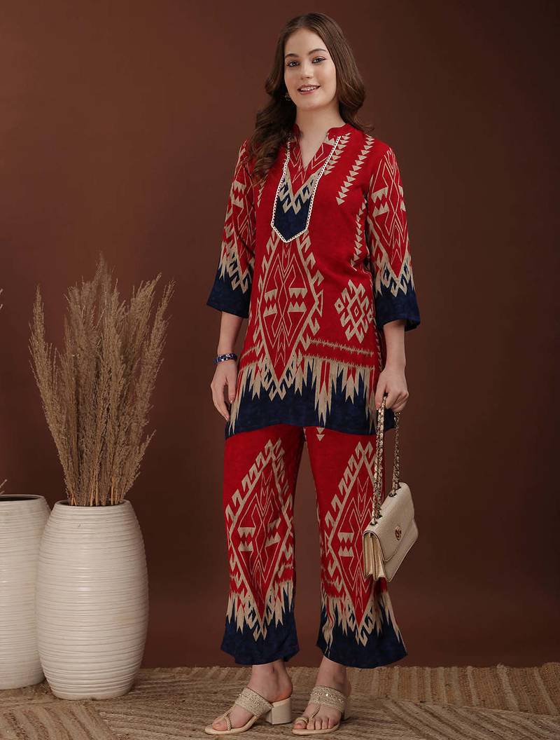 Red rayon geometric print ethnic kurta palazzo set