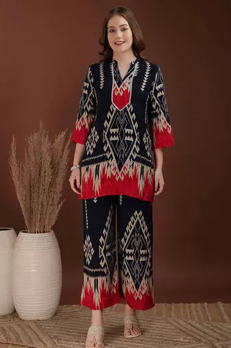 Navy-blue rayon geometric print ethnic kurta palazzo set