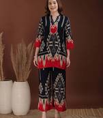 Navy-blue rayon geometric print ethnic kurta palazzo set