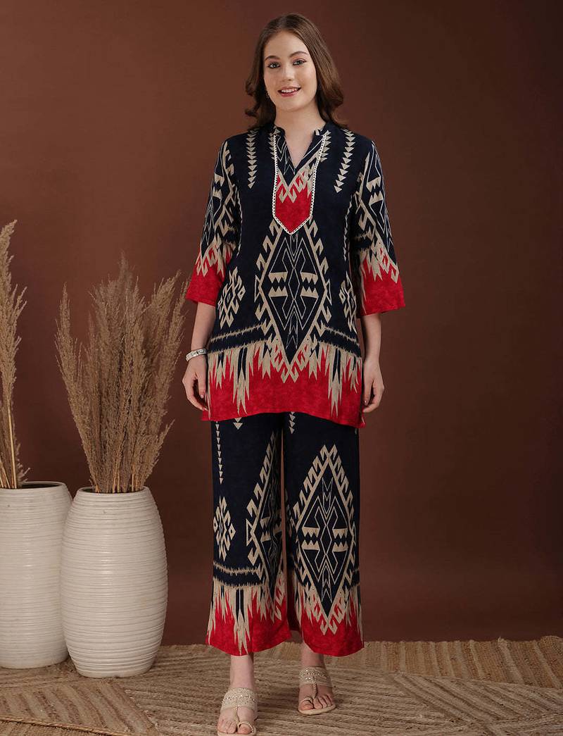 Navy-blue rayon geometric print ethnic kurta palazzo set