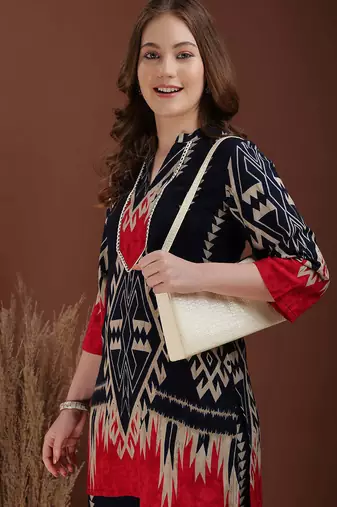Navy-blue rayon geometric print ethnic kurta palazzo set
