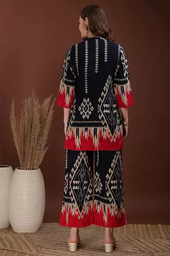 Navy-blue rayon geometric print ethnic kurta palazzo set