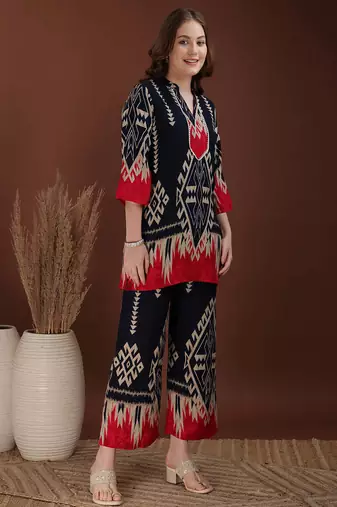 Navy-blue rayon geometric print ethnic kurta palazzo set
