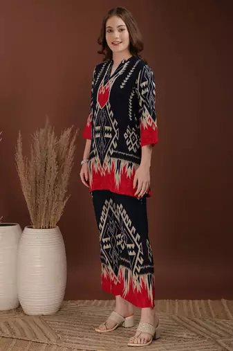Navy-blue rayon geometric print ethnic kurta palazzo set