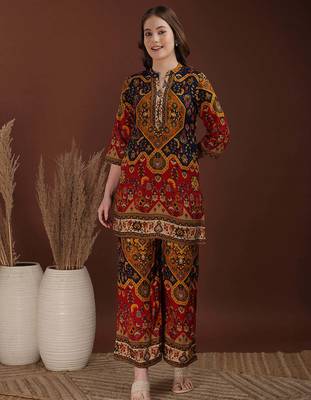 Mustard rayon floral print ethnic kurta palazzo set 1