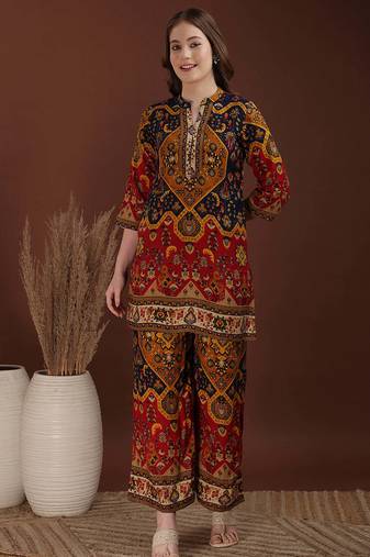 Mustard rayon floral print ethnic kurta palazzo set