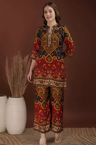 Mustard rayon floral print ethnic kurta palazzo set