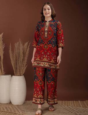 Red rayon floral print ethnic kurta palazzo set 1