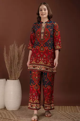 Red rayon floral print ethnic kurta palazzo set