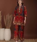 Red rayon floral print ethnic kurta palazzo set