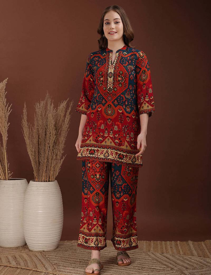 Red rayon floral print ethnic kurta palazzo set
