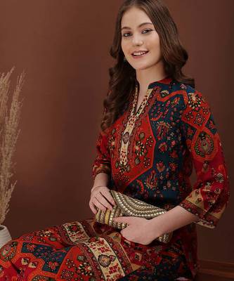 Red rayon floral print ethnic kurta palazzo set 2