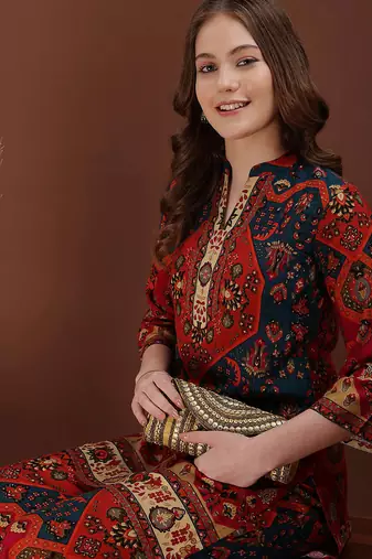 Red rayon floral print ethnic kurta palazzo set