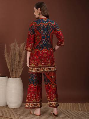 Red rayon floral print ethnic kurta palazzo set 3