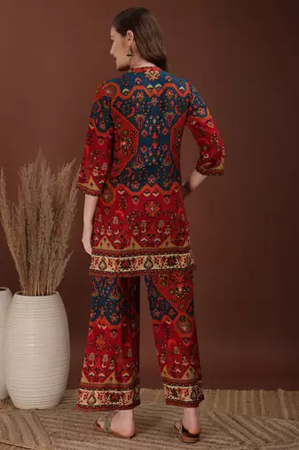 Red rayon floral print ethnic kurta palazzo set