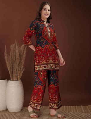 Red rayon floral print ethnic kurta palazzo set 4