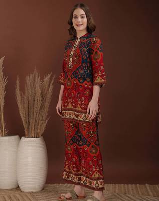 Red rayon floral print ethnic kurta palazzo set 5