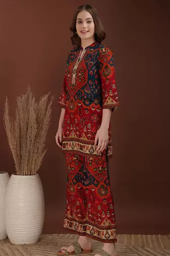 Red rayon floral print ethnic kurta palazzo set