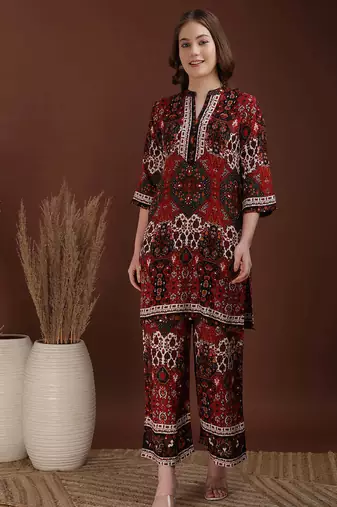 Multicolor rayon floral print ethnic kurta palazzo set
