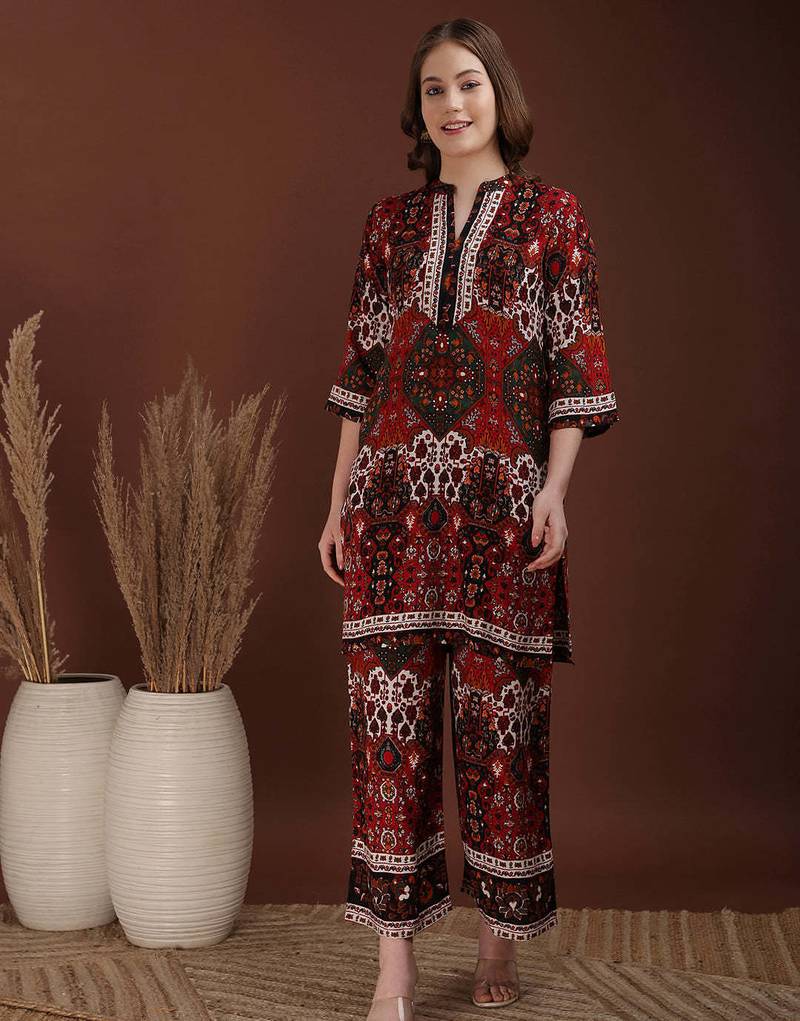 Multicolor rayon floral print ethnic kurta palazzo set