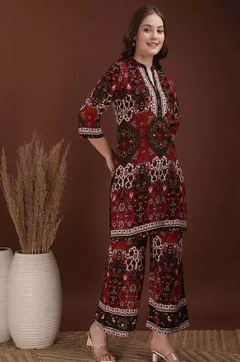 Multicolor rayon floral print ethnic kurta palazzo set