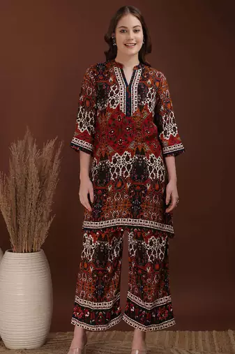 Multicolor rayon floral print ethnic kurta palazzo set