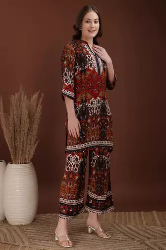 Multicolor rayon floral print ethnic kurta palazzo set