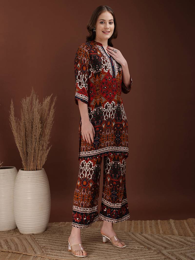 Multicolor rayon floral print ethnic kurta palazzo set