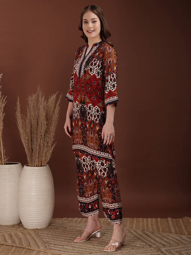 Multicolor rayon floral print ethnic kurta palazzo set