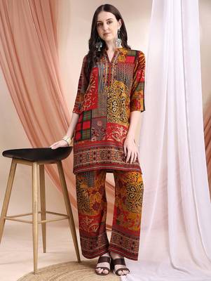 Red rayon floral print ethnic kurta palazzo set 1