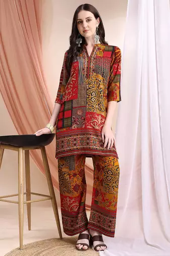 Red rayon floral print ethnic kurta palazzo set
