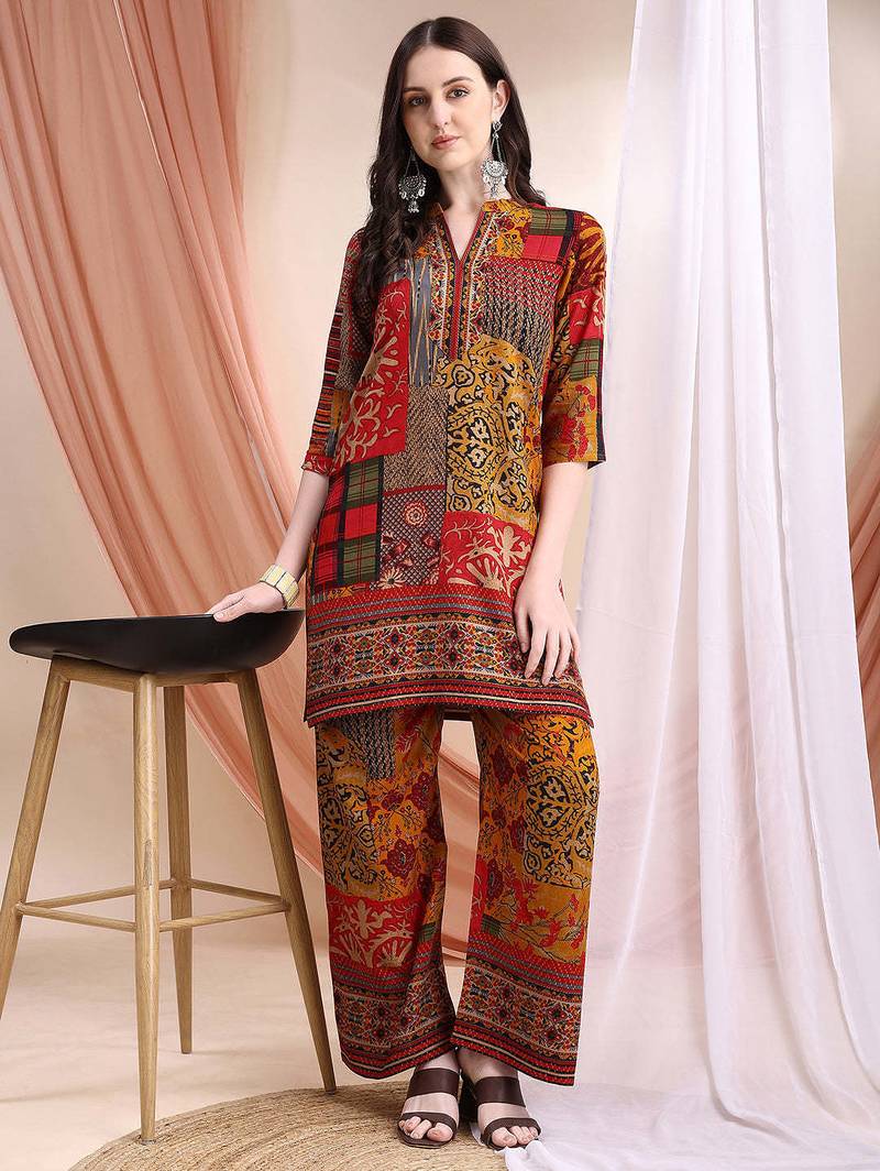 Red rayon floral print ethnic kurta palazzo set