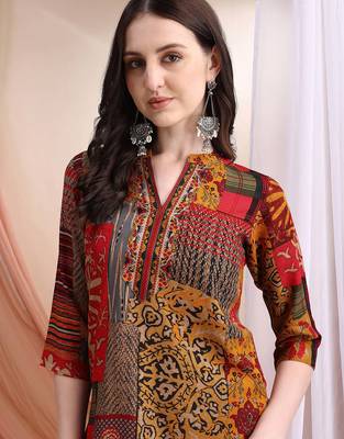 Red rayon floral print ethnic kurta palazzo set 2